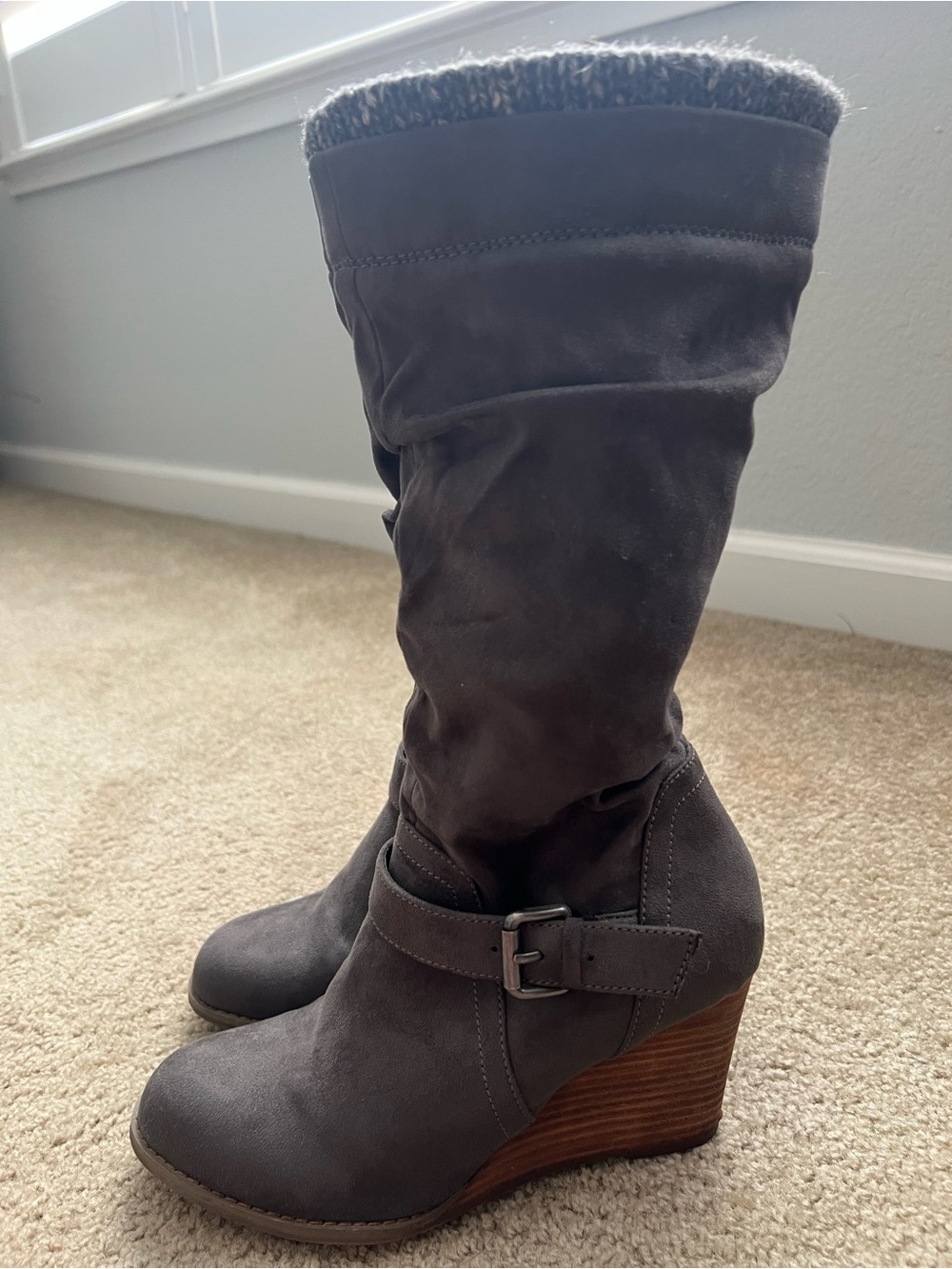 Report Gray Faux Suede Slouchy Wedge Boots with Buckle